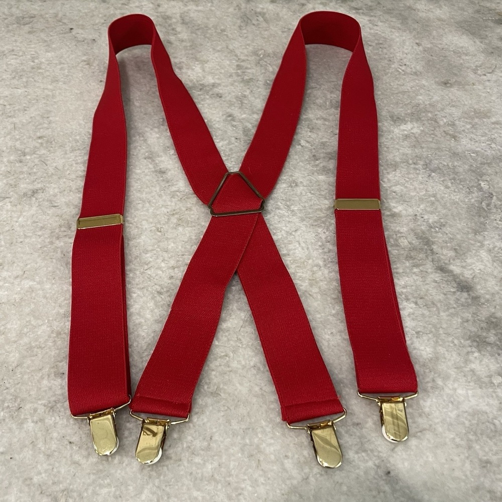 Red Suspenders Mens Clip On Gold Preppy Braces